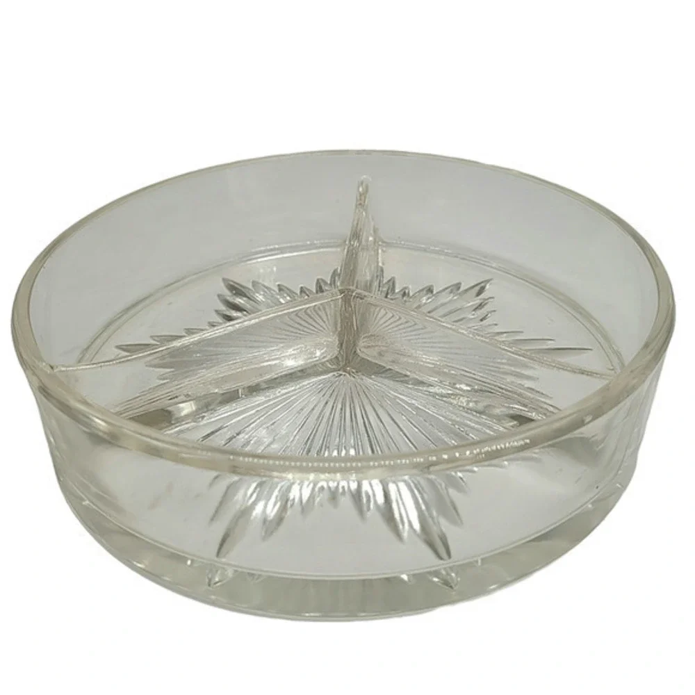 Starburst Round Three Section Divided‎ Fruit Nut Vintage Glass Serving Bowl